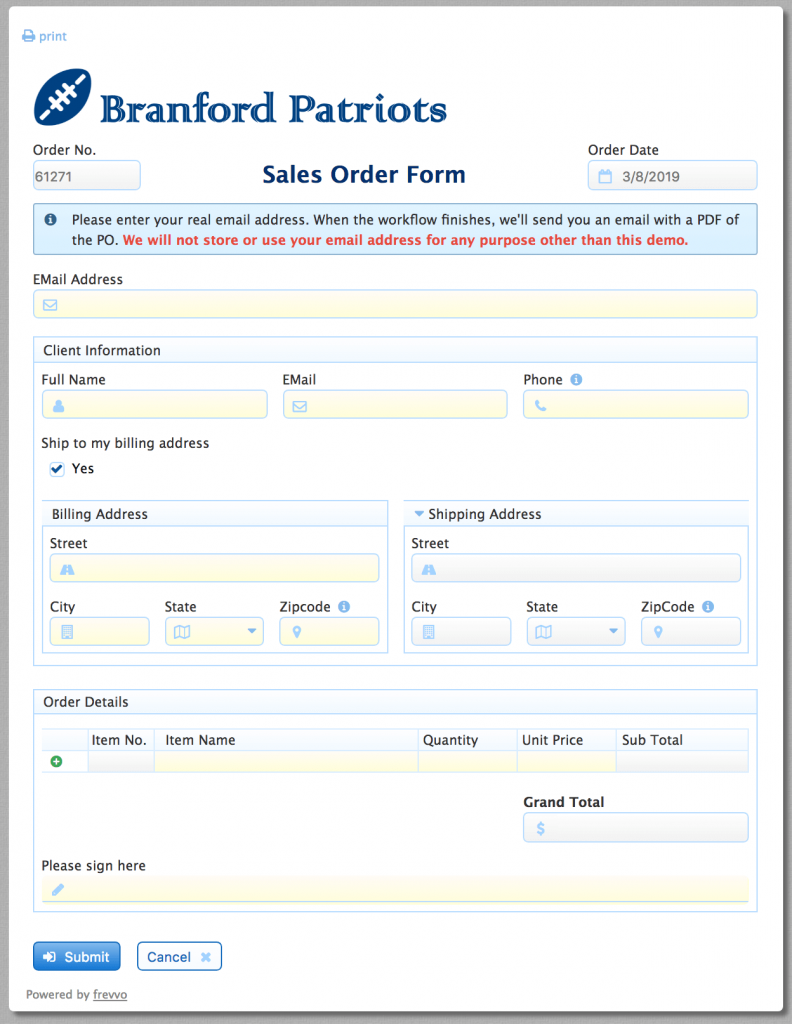Example Sales Order Form