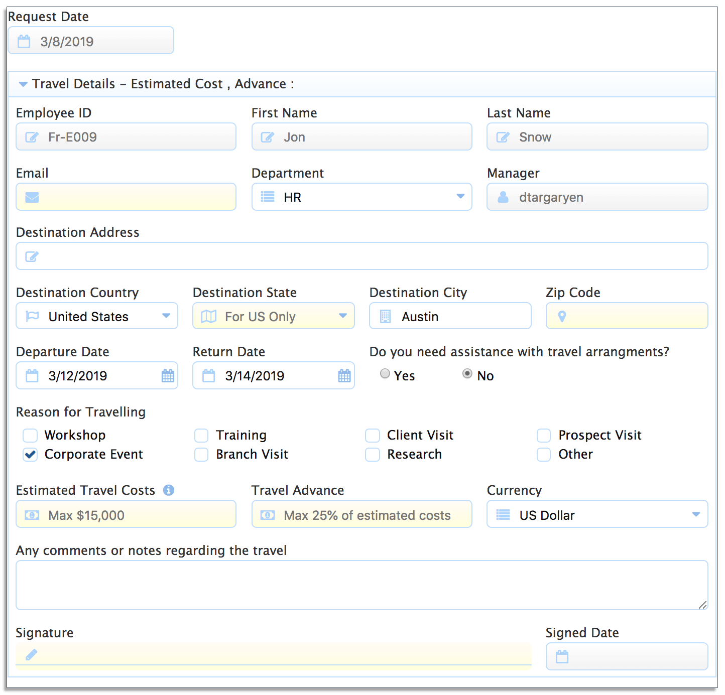 dynamic travel request forms on frevvo