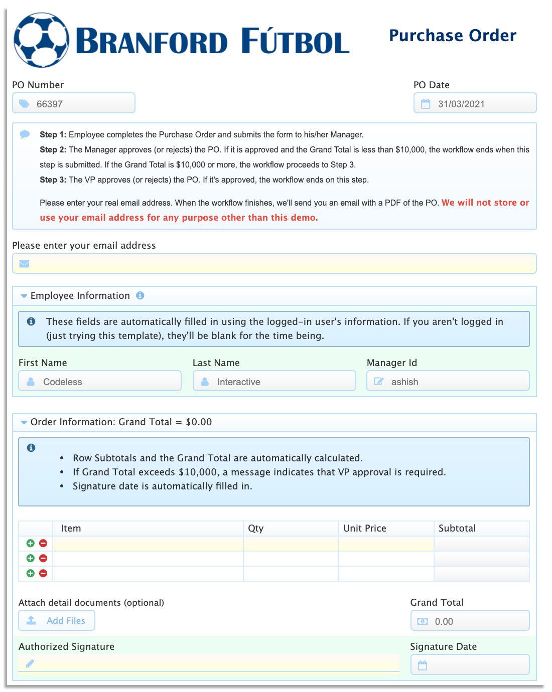 Purchase order template on frevvo