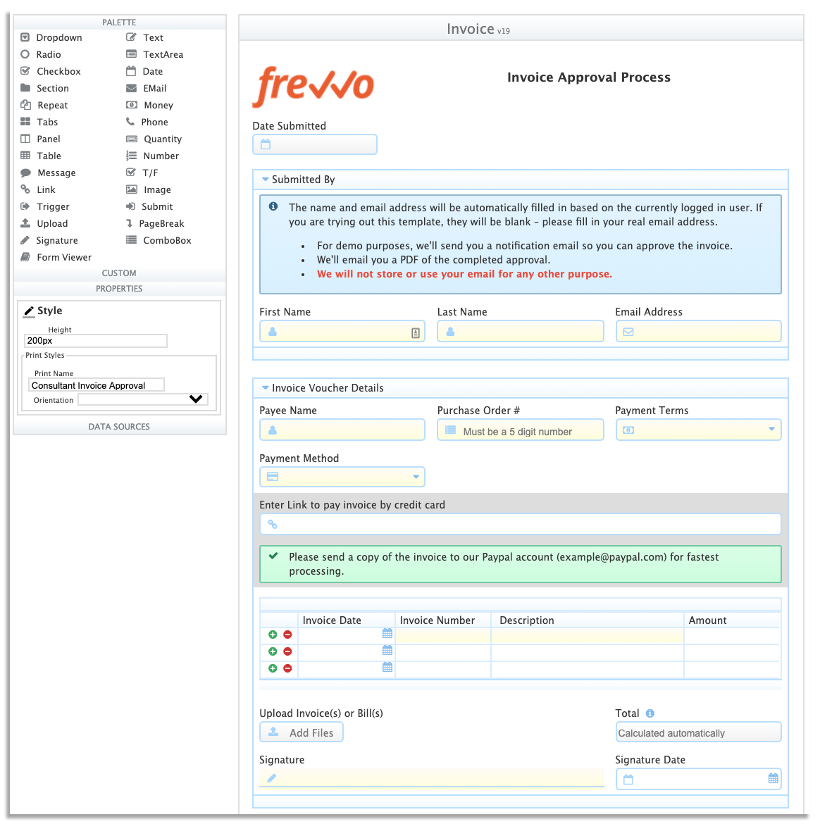 frevvo invoice approval form in the dynamic form builder