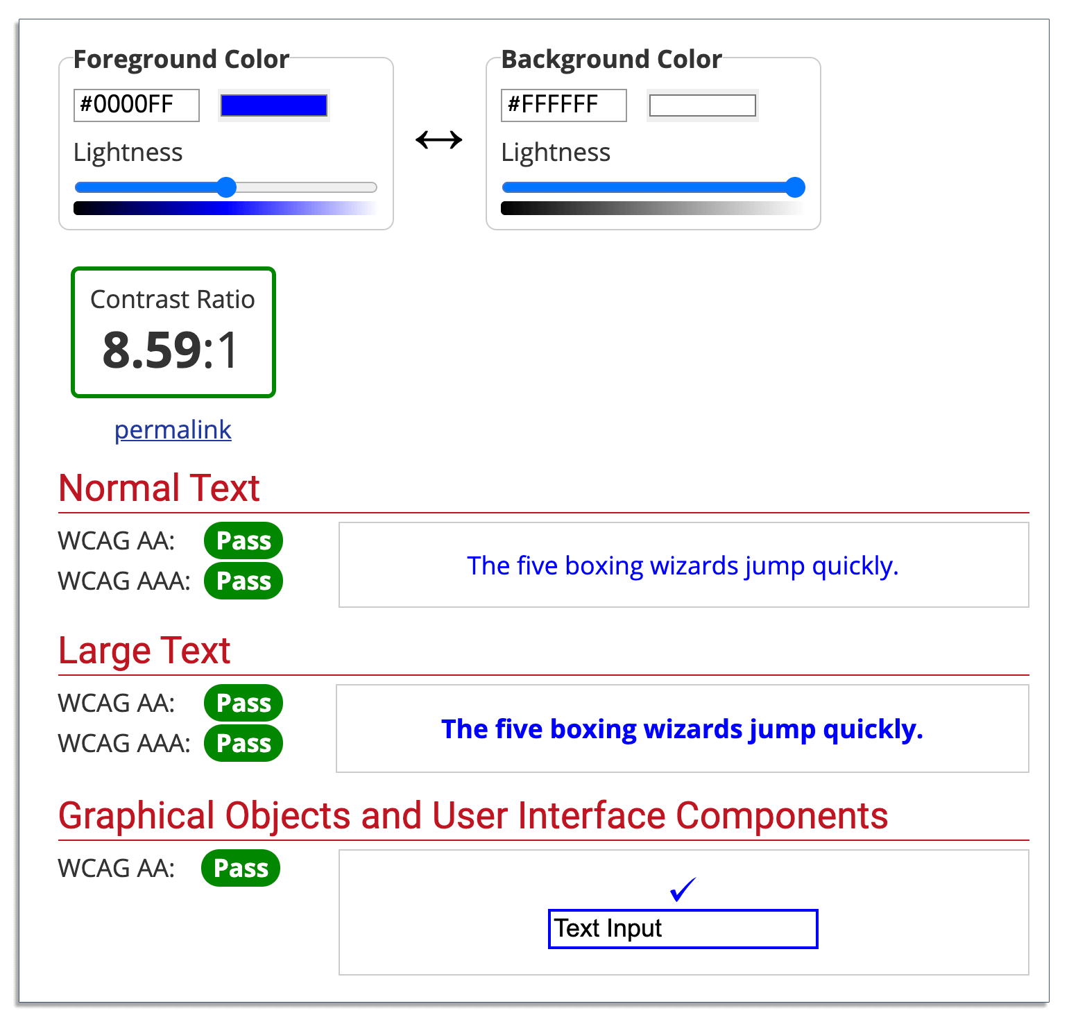 Results from a contrast checker test