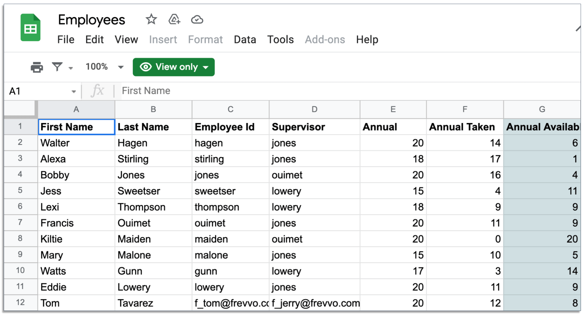 Google sheet list of employees for use in Google integrations