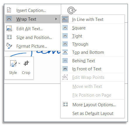 image of right click menu on microsoft word, highlighting wrap text and in line with text