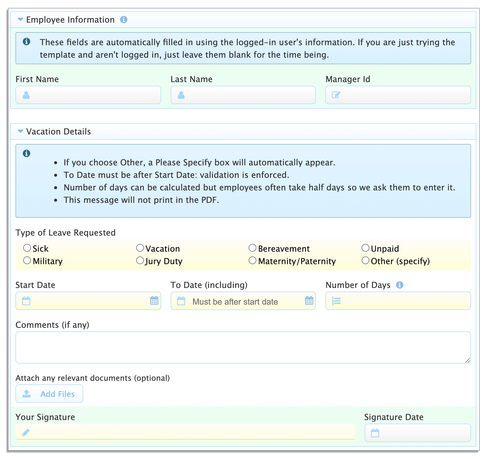 frevvo time off request form template with fields for employee info
