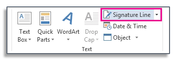 Insert menu in MS word with signature line button highlighted in pink