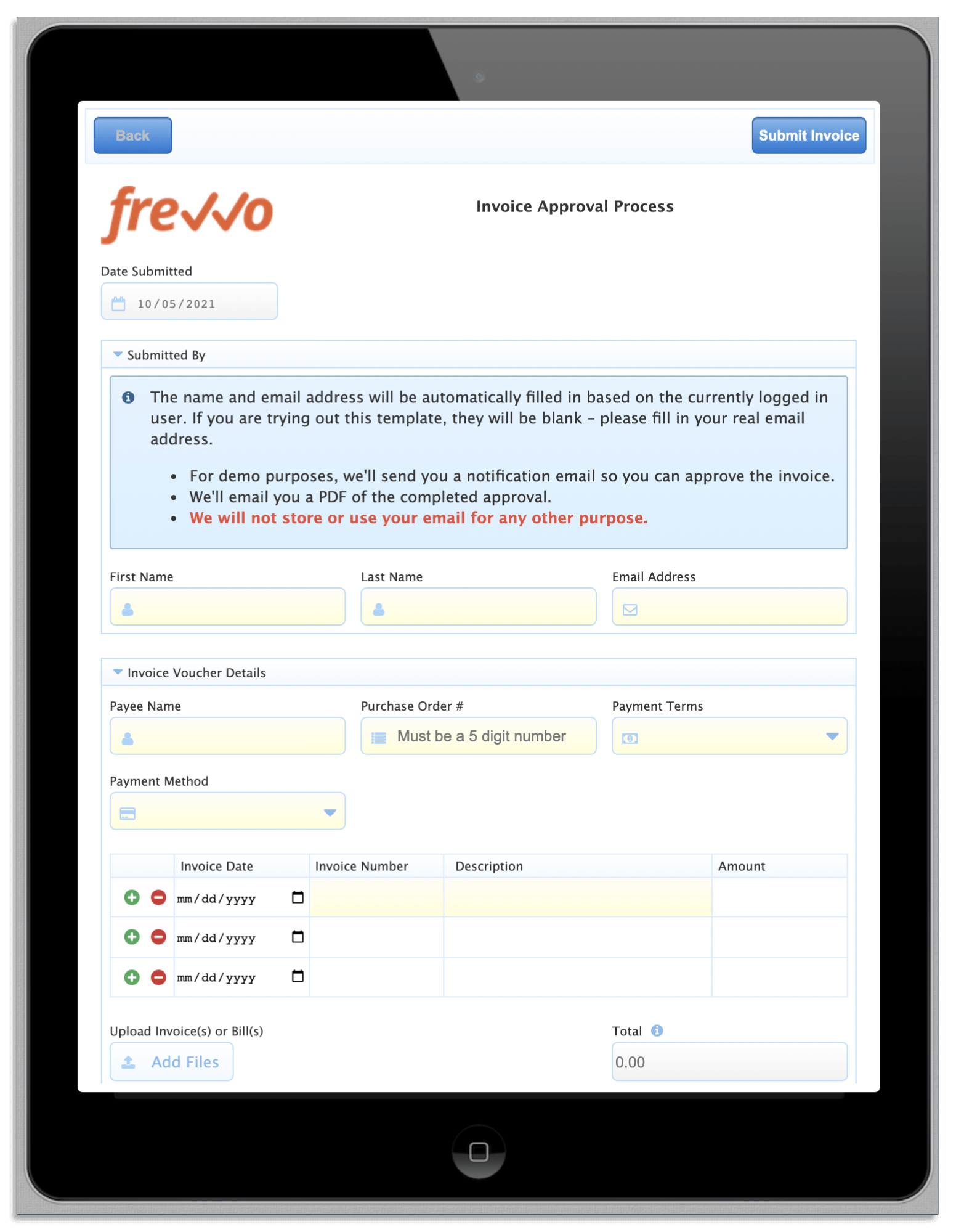 Mobile preview for invoice approval forms in frevvo