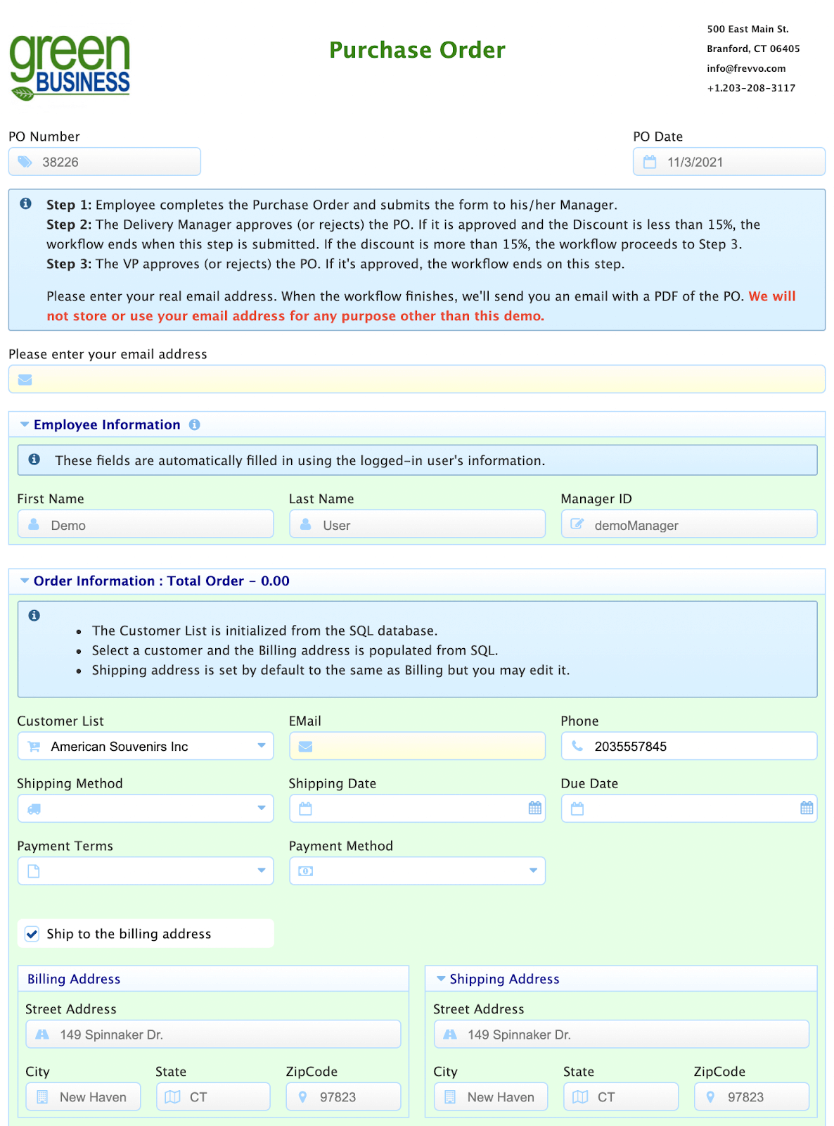 Example of a purchase order form