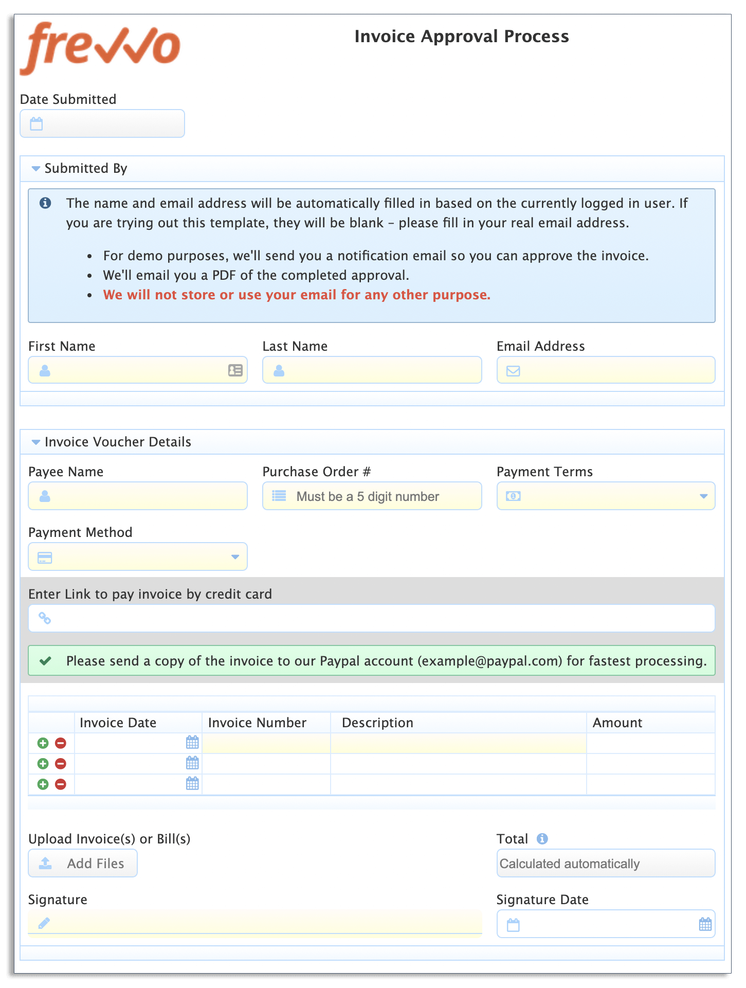 Invoice approval form in frevvo
