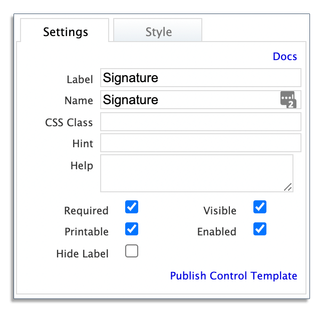 Field control settings for signatures