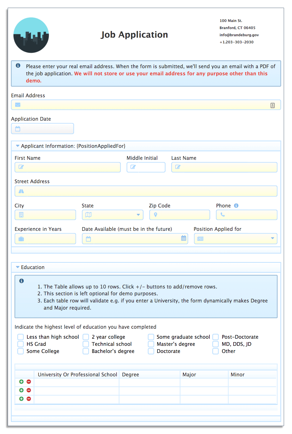 Example of a job application form