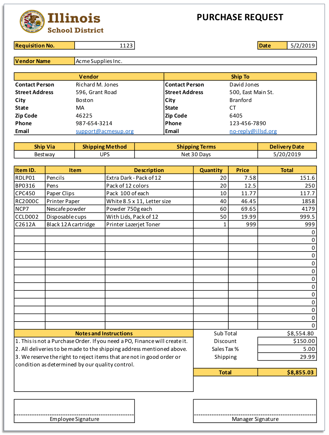 Example of a purchase requisition form