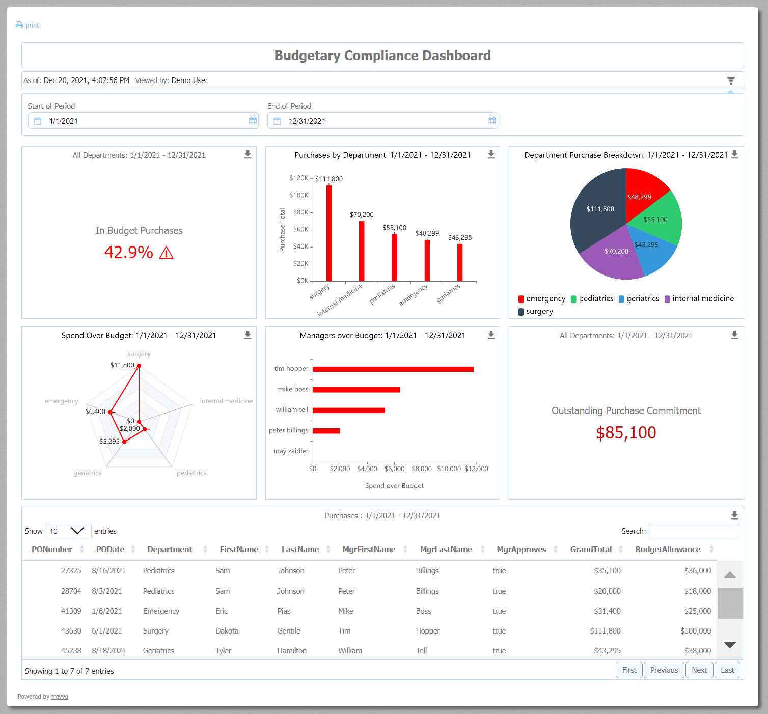 Budget dashboard in frevvo